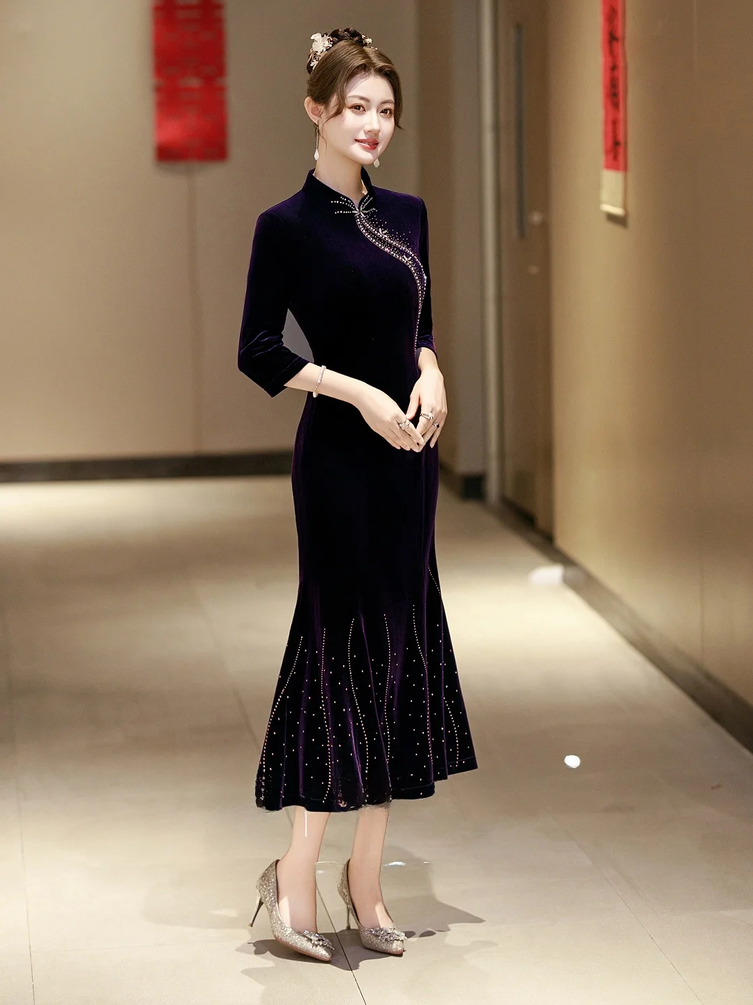 

Новое осеннее вельветовое платье Ele для свадебного банкета, винтажное платье-ципао для мам, с завышенной талией, с рукавом три четверти, длинное