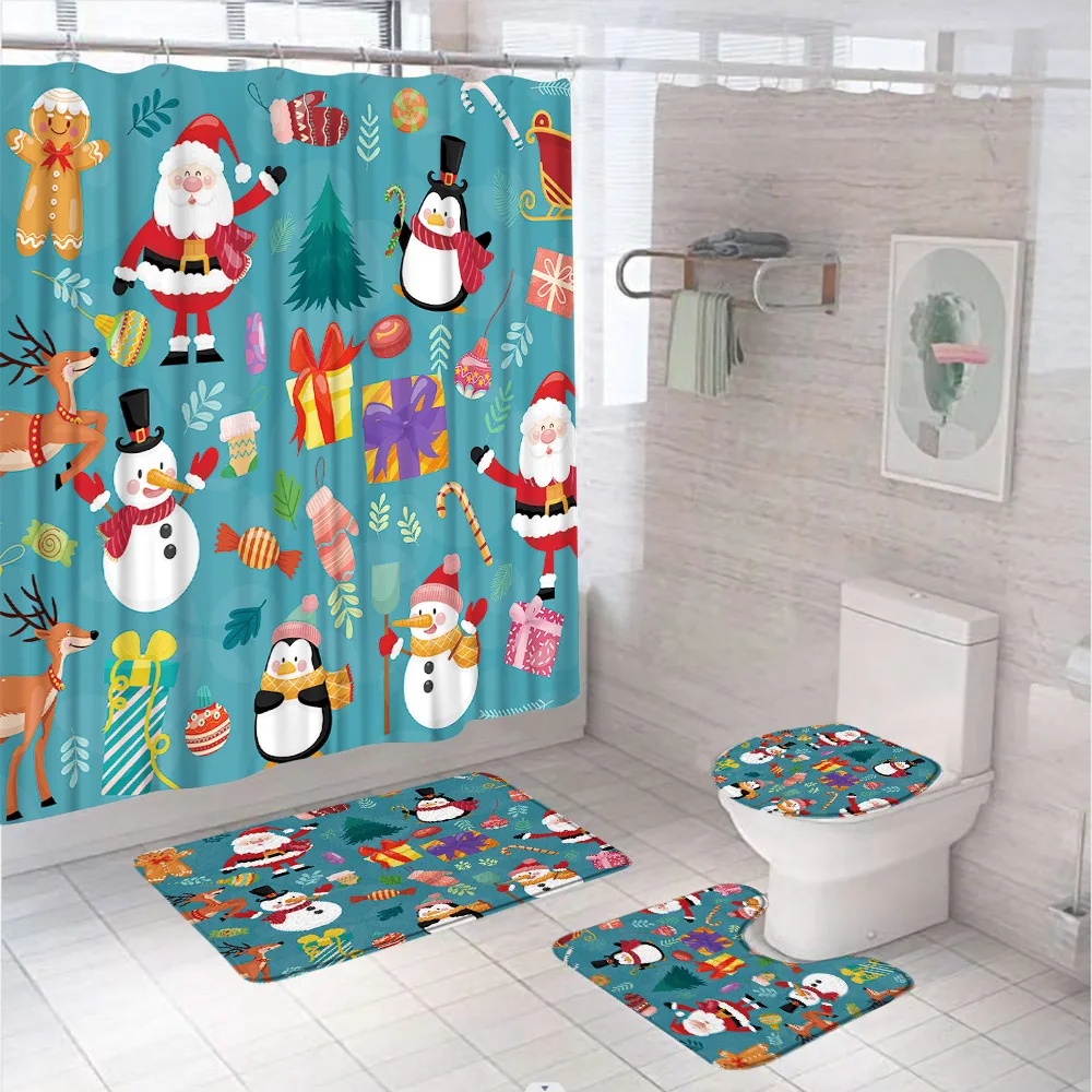 4Pcs Christmas Decor Shower Curtain Set Non-Slip Rug Toilet Lid Cover Bath Mat Xmas HO Snowflake Red Bathroom Fabric Screen Home