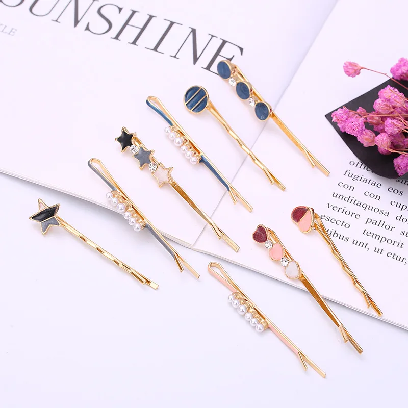 

Geometric Star Hair Clips 3Pcs Set Pink Blue Color Pearl Accented Bobby Pins Side Barrettes for Women Girls Daily Party Wear