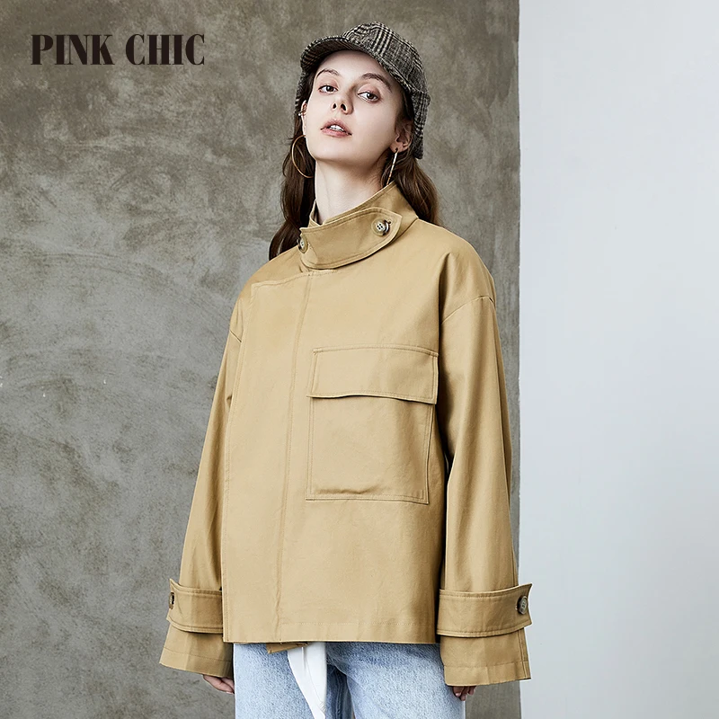 PINK CHIC Spring Autumn Windbreaker Stand Up Collar Women's Single Breasted Commuting Urban Style Loose Coat Grace Trench 615