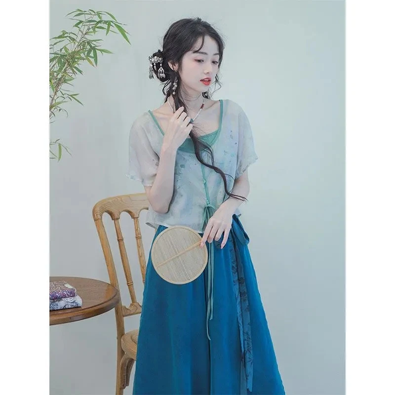 Retro Short Skirt Set Blue Women's Clothing Set Casual Top Skirt Suit Elegant High-end Summer 2024 Traditional Chinese Clothes