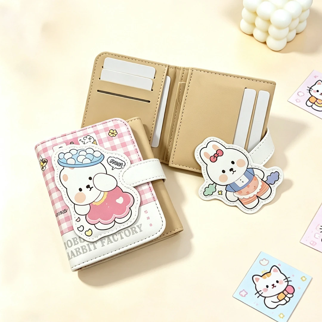 Tri-color plaid rabbit tri-fold wallet, multi-card with ID window & coin pocket, Japanese cute, portable gift for students.