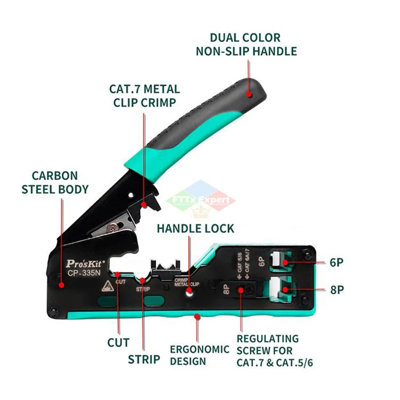 Proskit CP-335 CAT7 strumento di crimpatura per spina modulare pinza per cavi a crimpare di rete RJ-45 RJ11/RJ12 pinza a crimpare multifunzione