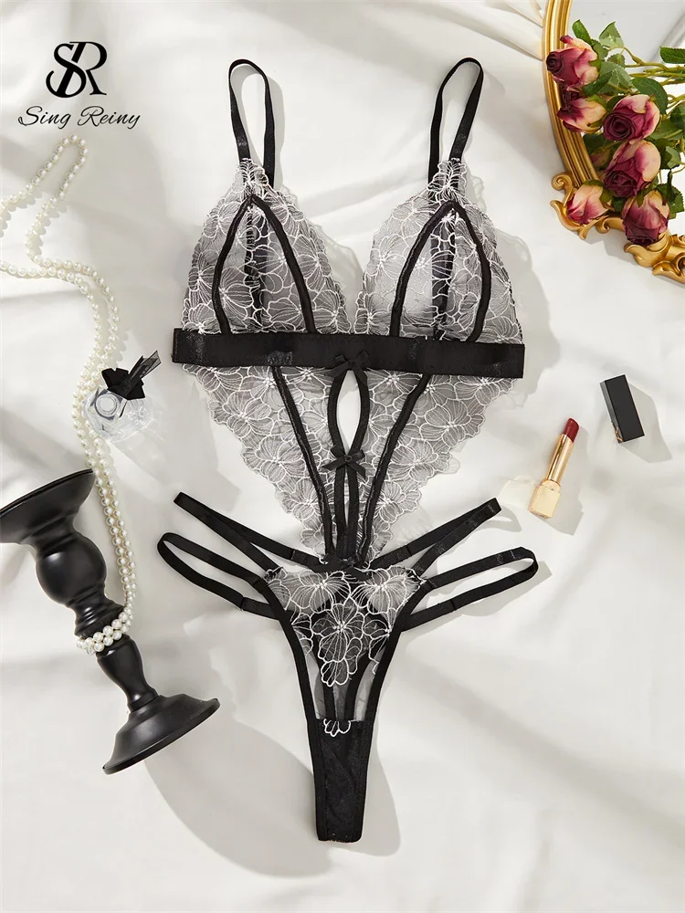 SINGREINY Amatory كاميس عارية الذراعين شير داخلية تطريز أنيق نادي سليم السروال القصير النساء ملابس داخلية شفافة مثير بلايسوت