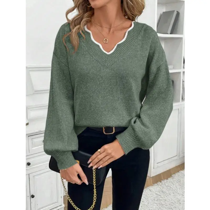 Casual Knitted Lace Sve Mouth Pure Color Stitching Women's Sweater Ci Walk  Collar Nine Points Sve Deformation Re...