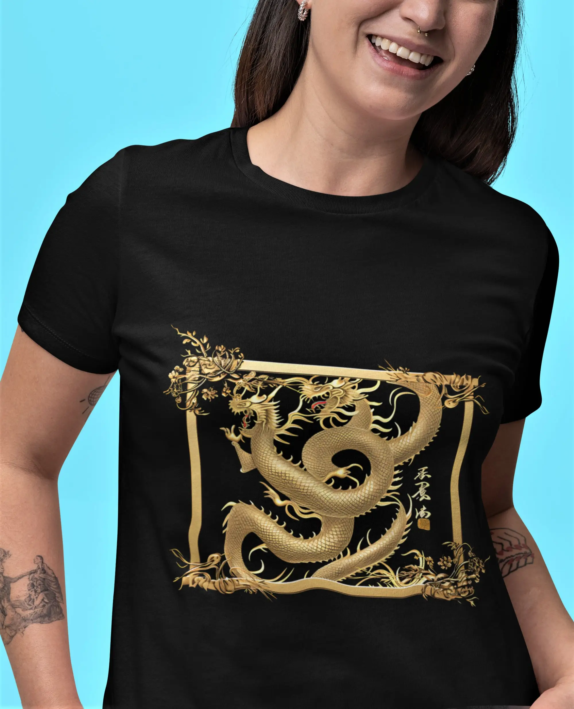 

Golden dragon T Shirt Heavy Cotton Mystical symbol Powerful Japanese Mythology Calligraphy Clothing gift