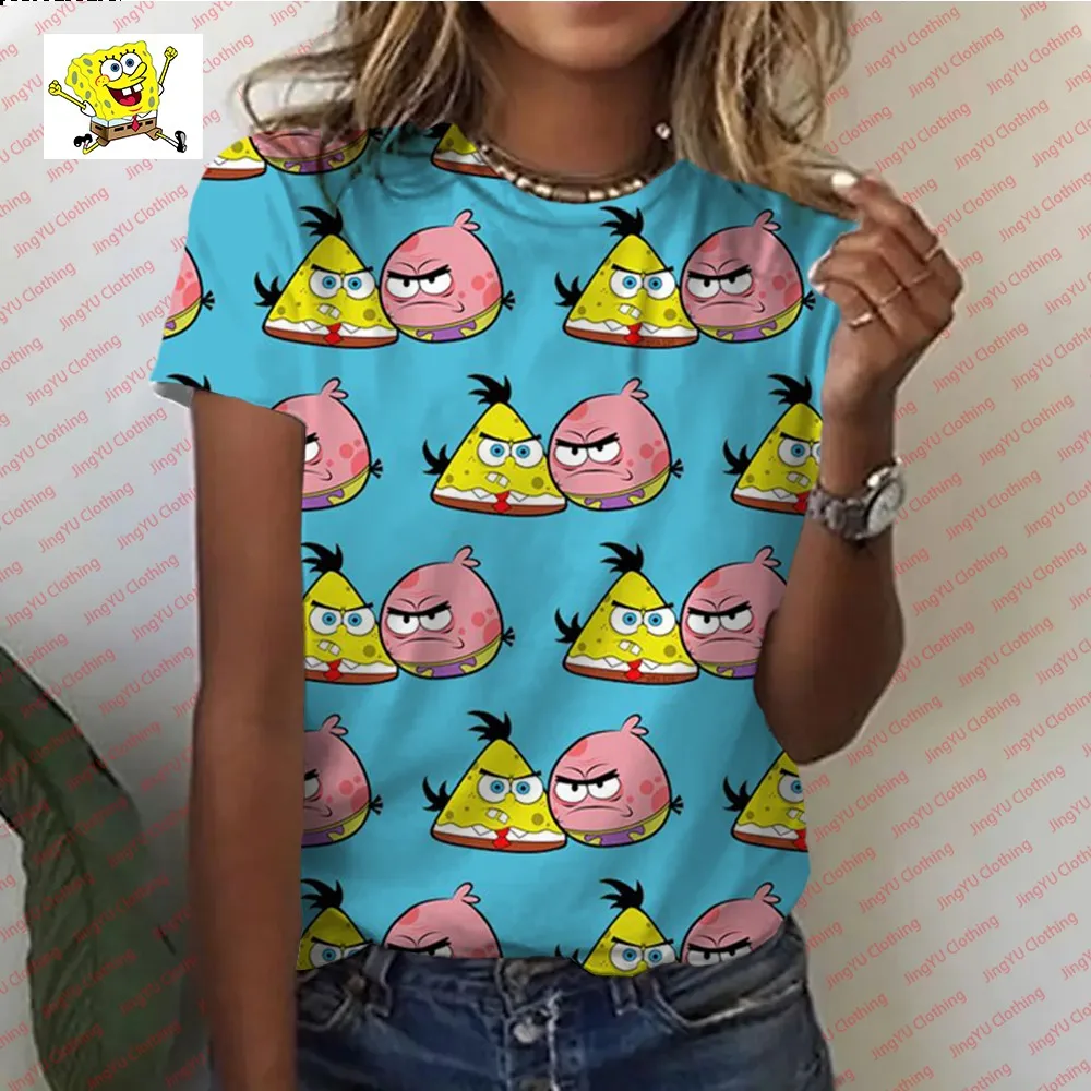 Street Harajuku 2023 summer new style youthful and cute Spongebob cartoon printed bottoming shirt women\'s round neck T-shirt y2k