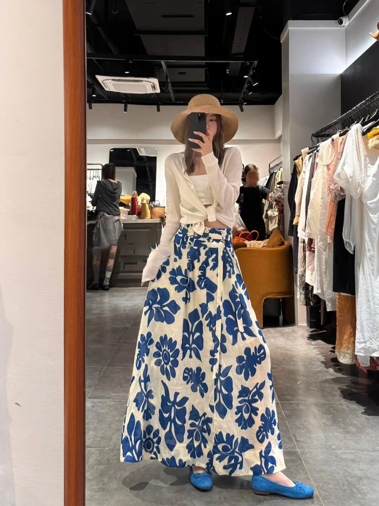 

Retro Blue Print High Waist Maxi A-Line Skirt Casual Holiday Women's Loose Fit Midi Skirt Commute Sle Long Skirt