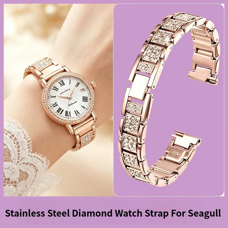 Women Steel Inlaid Diamond Watch Band Replacement Bracelet for Seagull Retro Mini Linglong 819.11.1046L Classic Roman 368L Strap