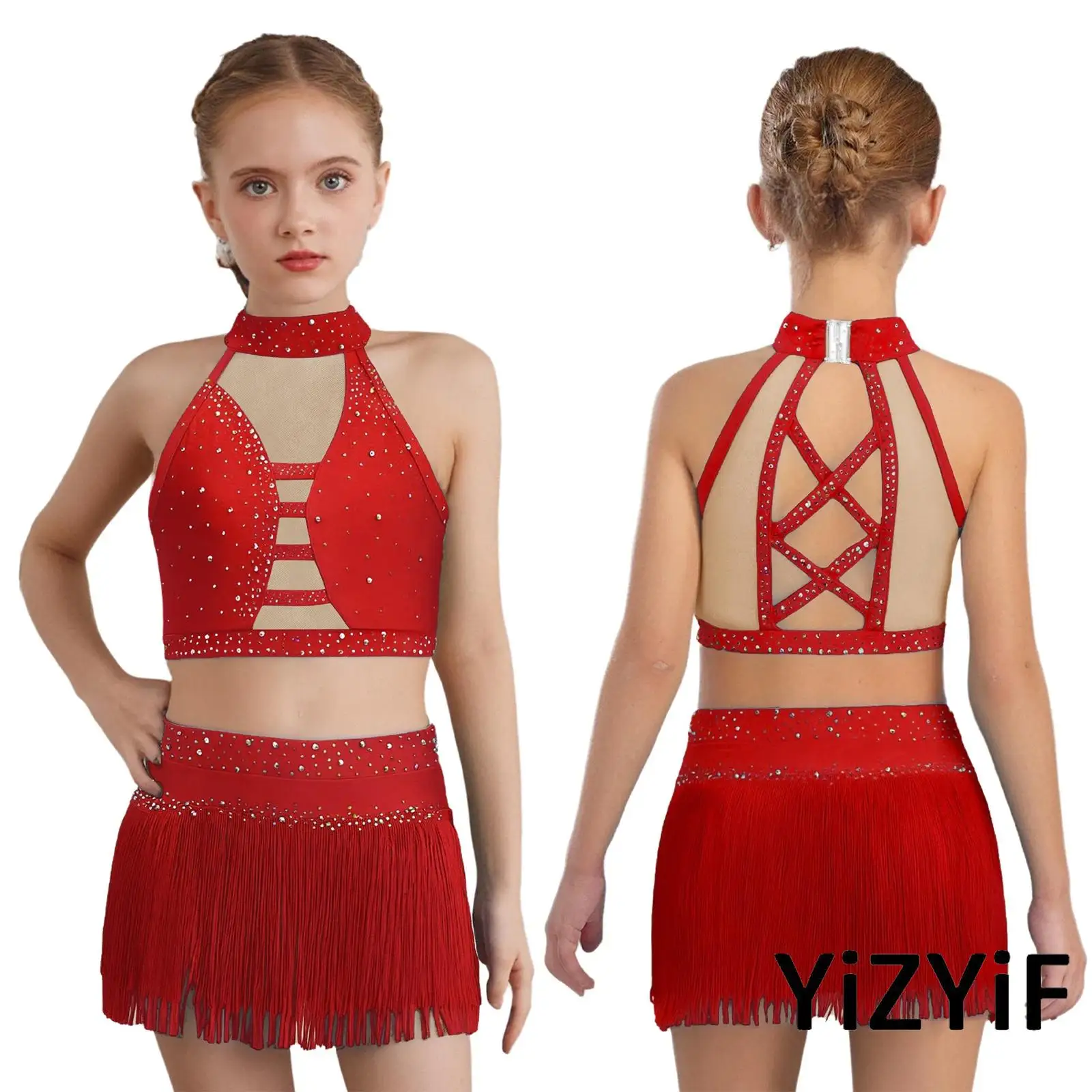 

Kids Girls Latin Belly Dance Tops with Tassel Briefs Skirt Set Ballroom Tango Belly Dance Performance Costume Lyrical Dancewear