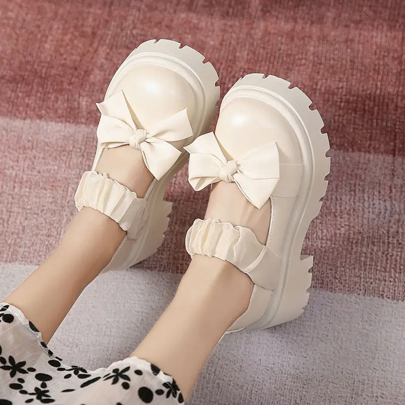 

SHANPA French Style Mary Janes Shoes Women Cute Bow Tie Height Increase Little Leather Shoes Slip on Kawaii Womens Casual Shoes