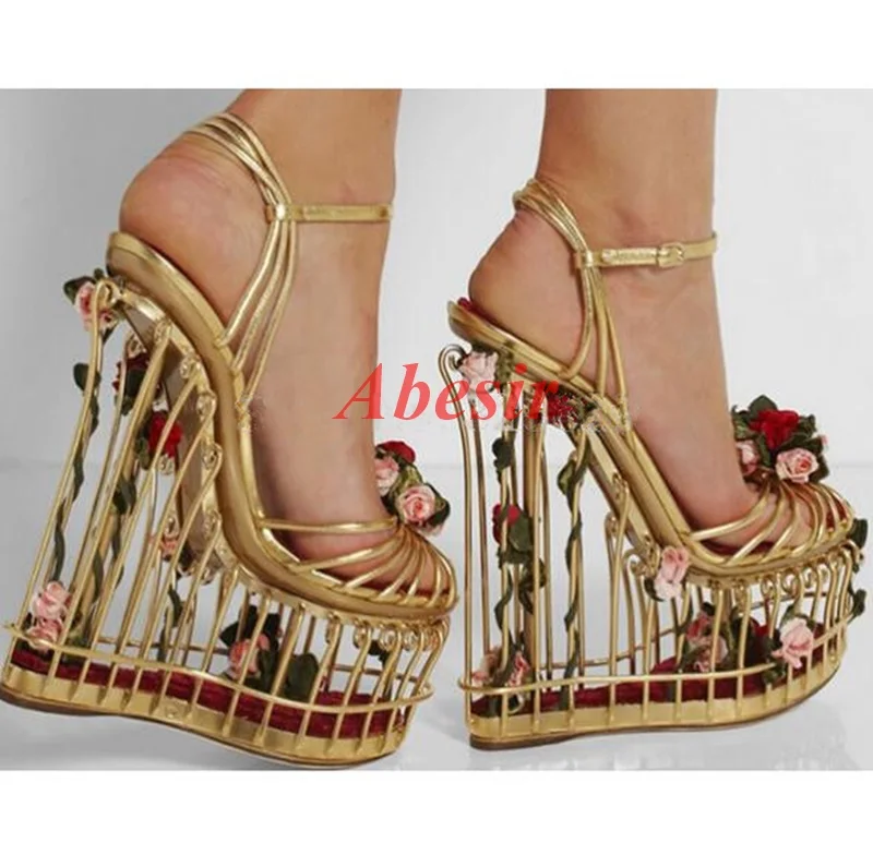 Fashion Flower Bird Cage High Heels For Woman Wedges Ankle Strap Sandals Thick Platform Dress Runway Shoes