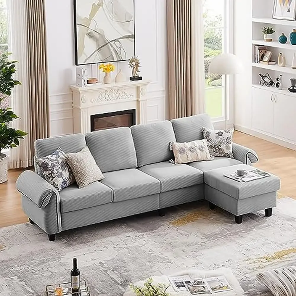 Modern L Shaped Sectional Sofa with Reversible Ottoman and High-Quality Fabric Upholstery