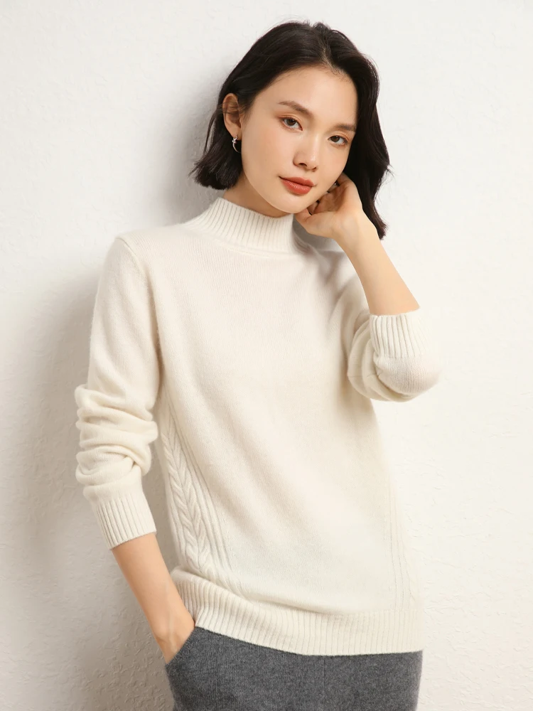 

2025 Women's Fashion Casual Loose Pullover 100% Cashmere Sweater Autumn Winter Thick Warm Cable Stitch Mock Neck Clothing Tops