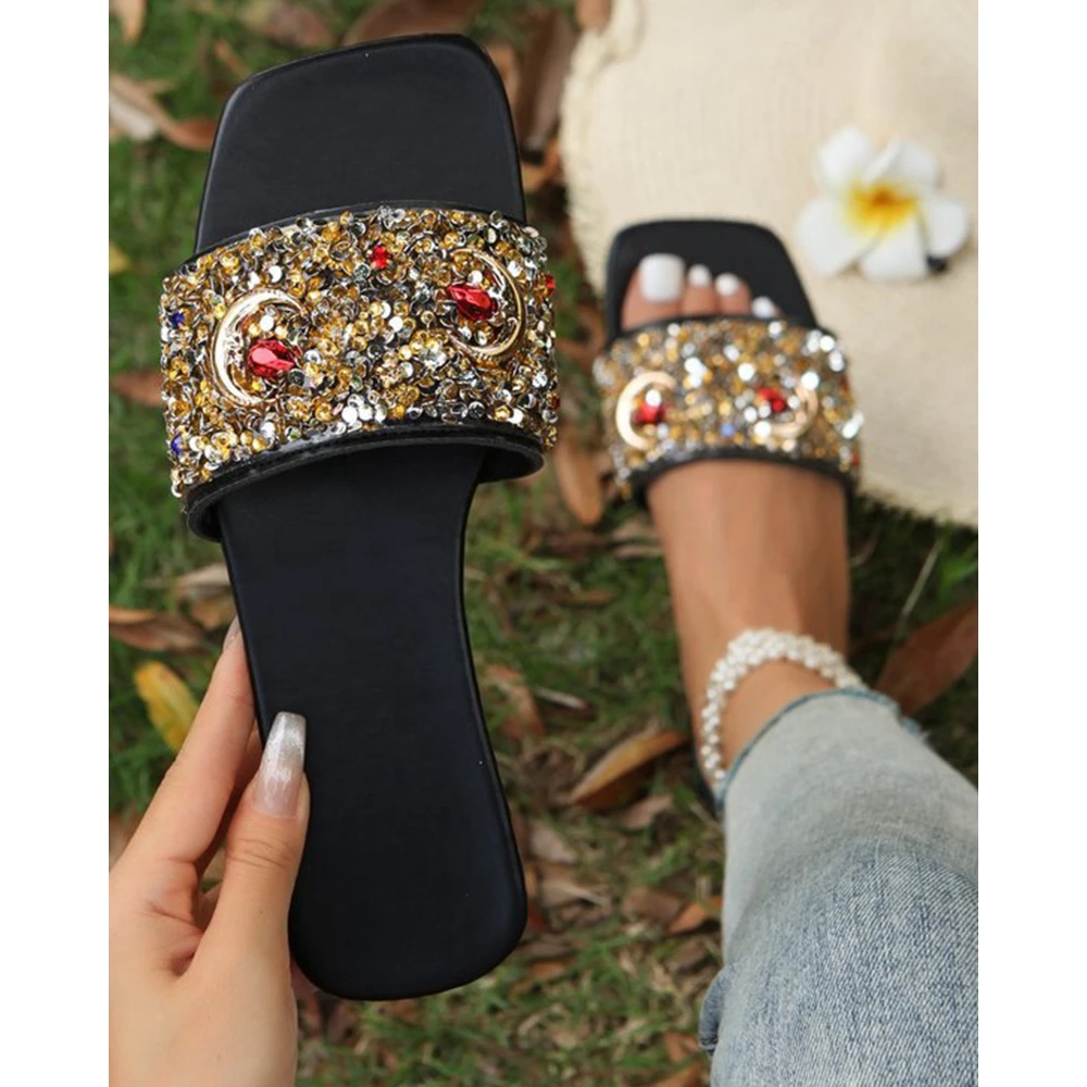 Fashion Women Rhinestone Decor Flat Slippers Square Toe Casual Outdoor Slippers Autumn Summer Going Out Beach Shoes