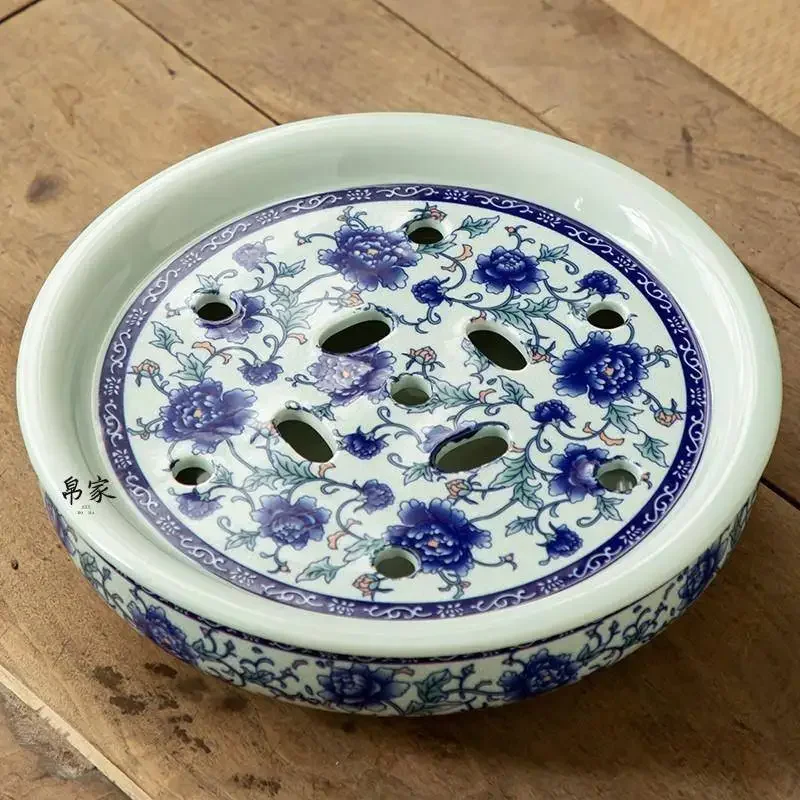 Ceramic Tea Set Tea Tray Storage Water round Blue And White Double Layer Gongfu Small Tray Simple Dry Foam Tray for Home Use