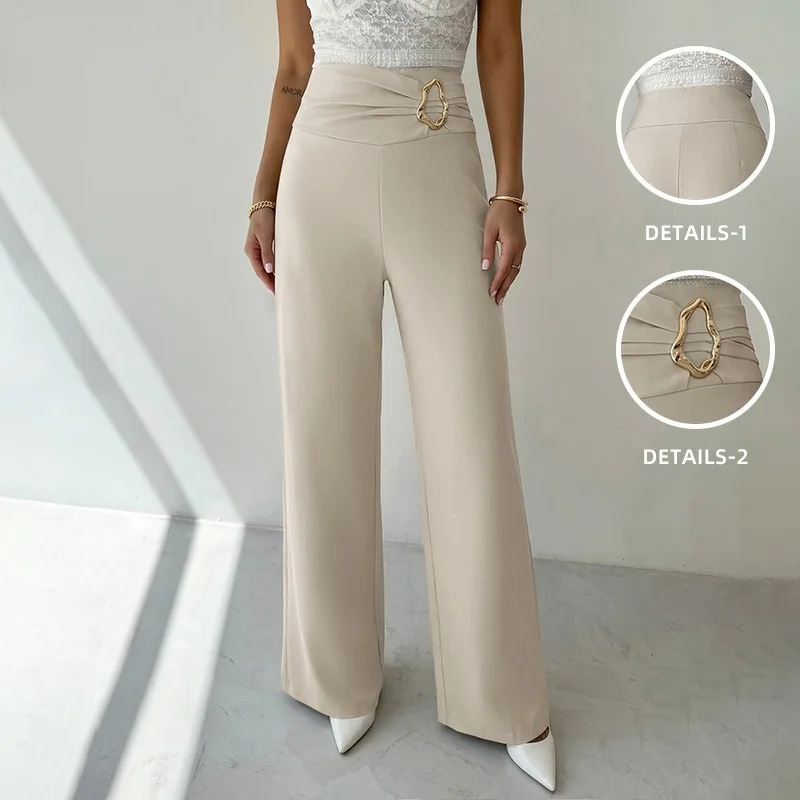 Women Twisted Waist Metal Buckle Wide Leg Pants High Waist Solid Color Office Commuter Straight Long Trousers