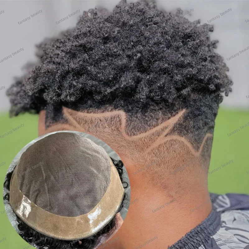 

Kinky Curly Toupee Fine Mono NPU Wig male black toupee 130%Density men's capillary prosthesis 100%Indian Human Hair Wigs for Man