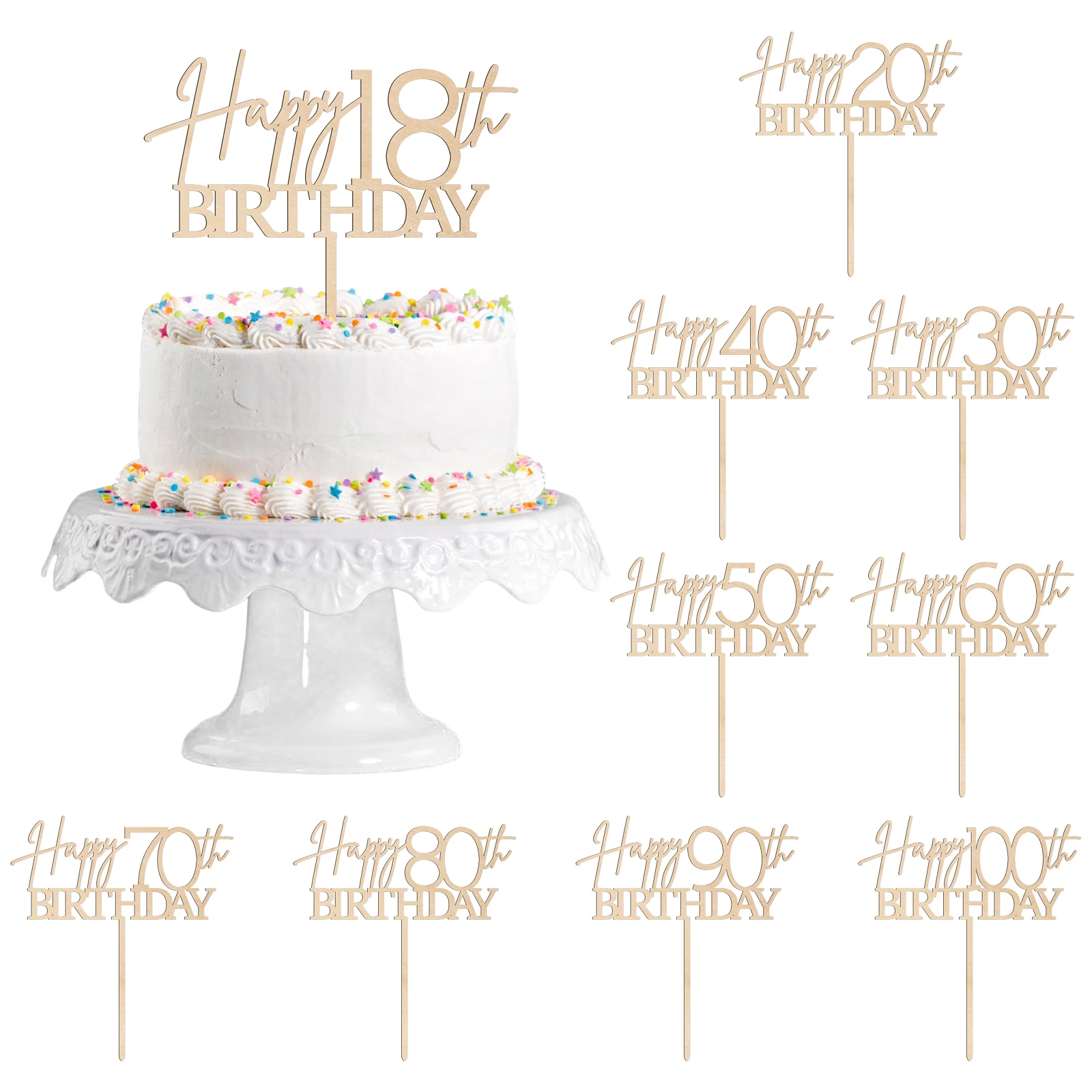 Rustic Happy Birthday Cake Topper in Wood with Age - Perfect for 18th-100th Birthday Celebrations（4mm thickness）