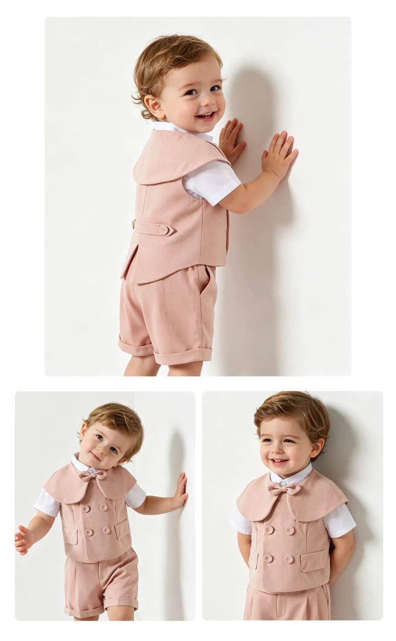 Kinder Jungen Rosa Weste Shorts Anzug 3-teilig mit Fliege Kleinkind Hochzeit Trauzeuge Geburtstag Taufe Fotografie Auftritt Formelles Kostüm – Detail 2