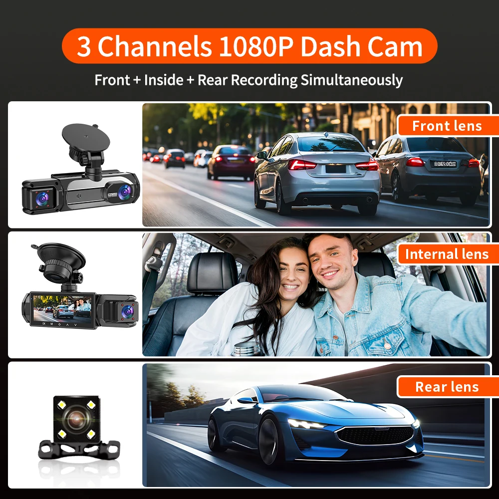 Dash Cam 3 Channel Car Black Box WiFi DVR HD 1080P Video Front Built-in and Rear Camera W/IR Night Vision Car Accessories
