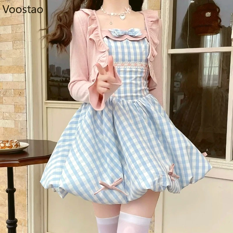 Japanese Kawaii Lolita Style Dress Set Women Sweet Crop Cardigan Tops Bow Plaid Strap Dresses Suit Elegant Y2k Two Piece Sets