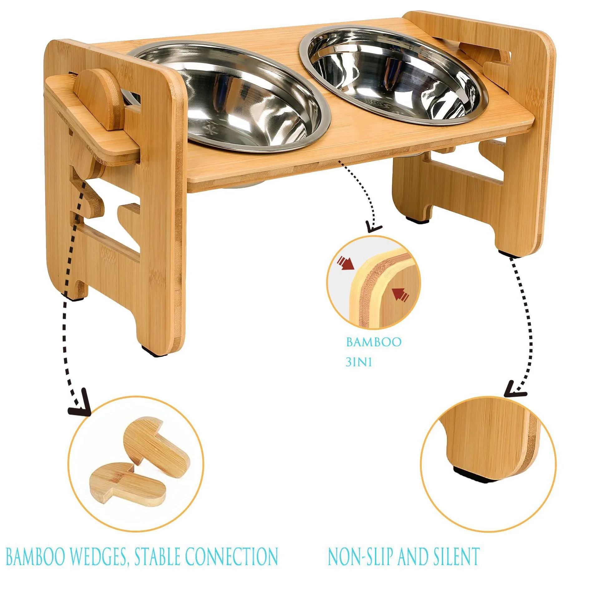 

Pet Bamboo and Wood Dog Bowl Holder Pet Double Bowl Food Bowl Medium and Small Dog Adjustable Wooden Holder Cat and