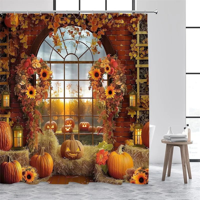 Autumn Barn Shower Curtain Sunflower Pumpkin Red Maple Leaves Fall Farm Landscape Bath Curtains Fabric Home Bathroom Decor Set