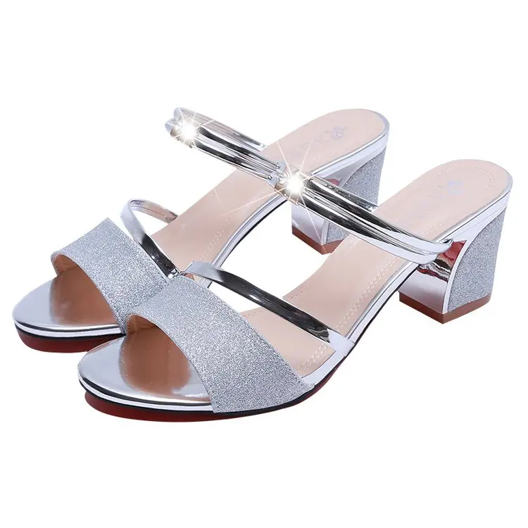 2022 Summer Sequin Sandals Women\'s Summer New Chunky Heels Silver High Heels Ladies Casual Outdoor Ladies Sandals 34-40