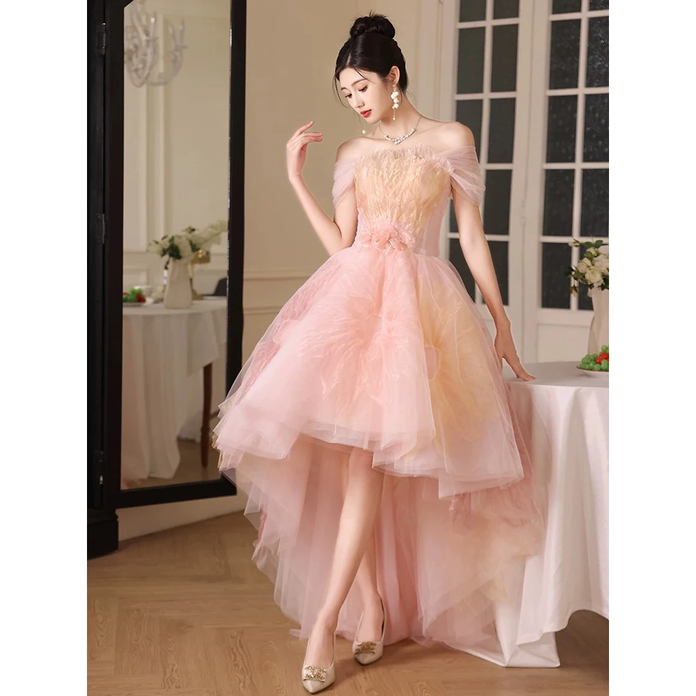 

Hi Lo Prom Dress Pink Ball Gown Off the Shoulder Lace-up Back Layers Tulle Floral Embrodierys Party Dresses L&P DQL Studio