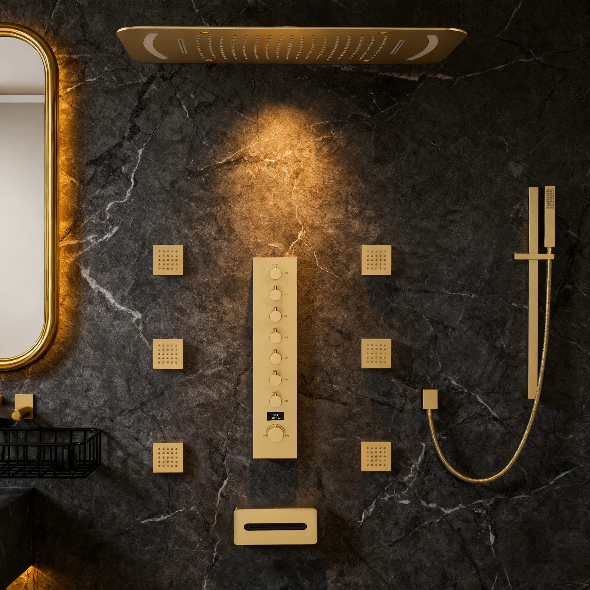 Sistema de Ducha Multifuncional con Pantalla Digital, Cabezal de Ducha LED en Oro Cepillado con Barra Deslizante, Conjunto de Ducha Termostática