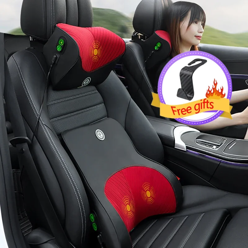 Car Electric Massage Headrest Neck Pillow Breathable Mesh + Leather Universal Seat Lumbar Pillow Protect The Lumbar Spine Travel