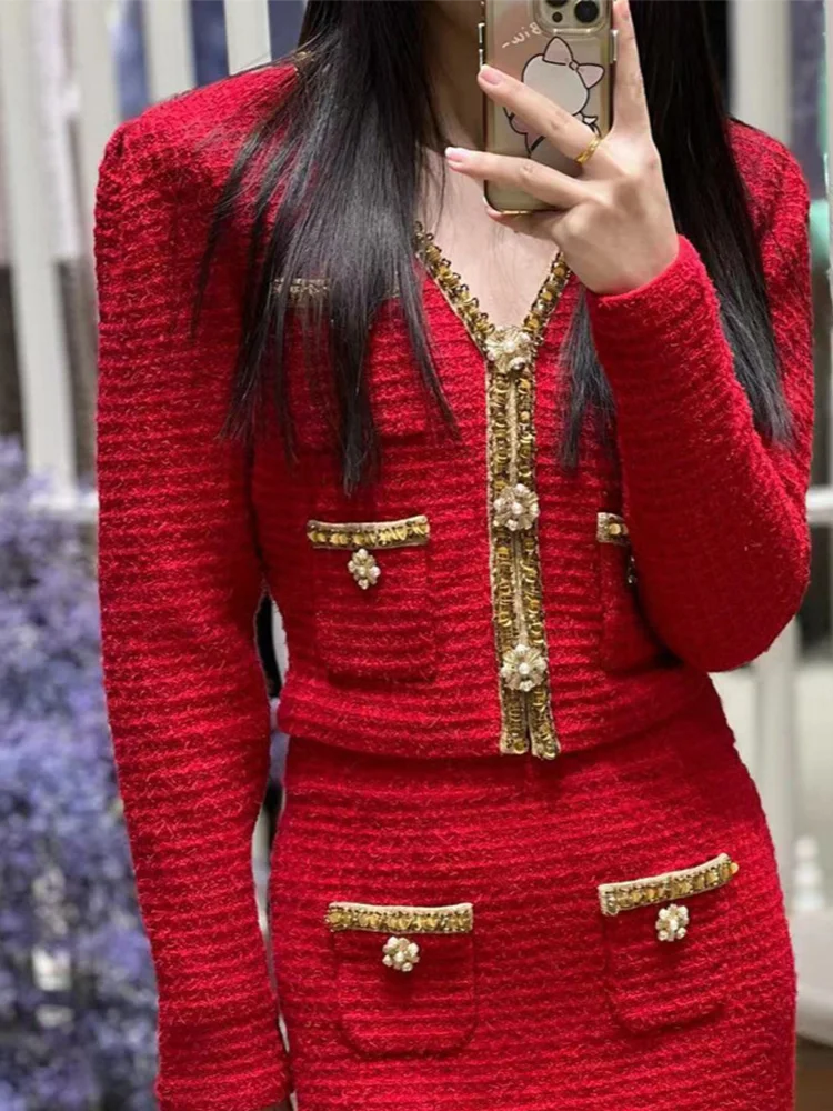 VGH Red Color Chic Two Piece Set For Women V Neck Long Sleeve Patchwork Diamond Button Jacket Slim Skirt Formal Suit Female New