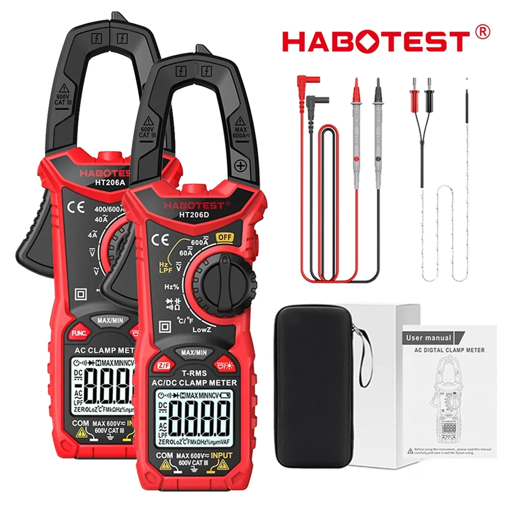 HABOTEST HT206 Digital Clamp Meter Multimeter Pliers Ammeter Voltmeter Ohm Capacitance Continuity NCV Diode True RMS Measurement