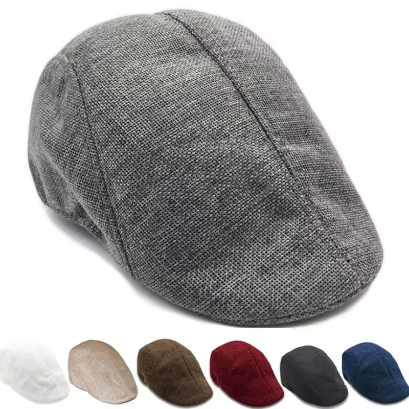 Linen Flat Cap Breathable Ivy Hat Summer Elderly Men Newsboy Cap Unisex Cabbie Hat Vintage British Driving Gatsby Cap Adjustable