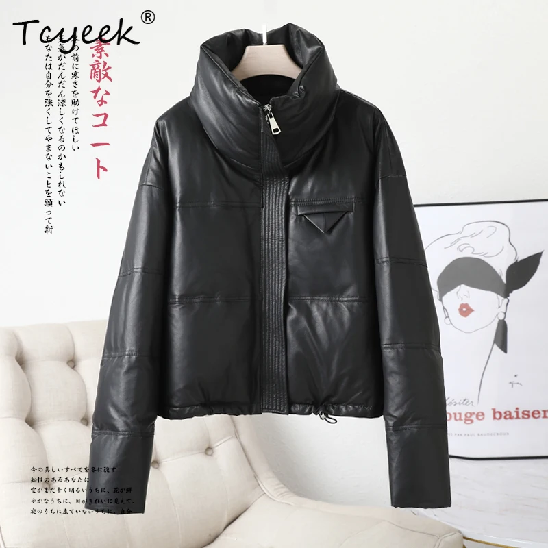 Tcyeek capa superior de piel de oveja auténtica Otoño Invierno moda cuello alto Mujer plumón de ganso blanco Casacas Para Mujer Invierno