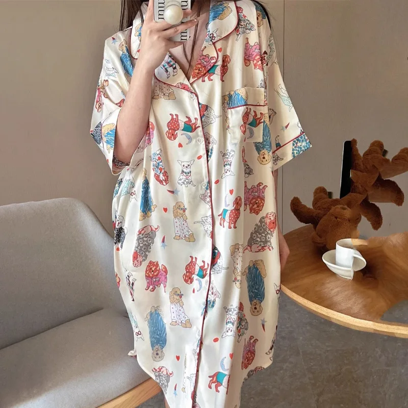 Cartoon Print  Women‘s Nightgowns 2024 Faux Silk Satin Nightskirt New Sleepskirt Summer Nightdresses Night Gown Sleepwear Pajama