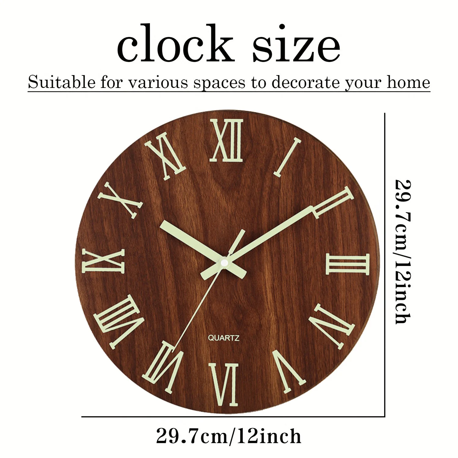 1pc Wooden Glow-in-the-Dark Wall Clock, Brown Retro Wood Grain Roman Numerals Design Wall Clock, Silent Clock, Home Decor view 3