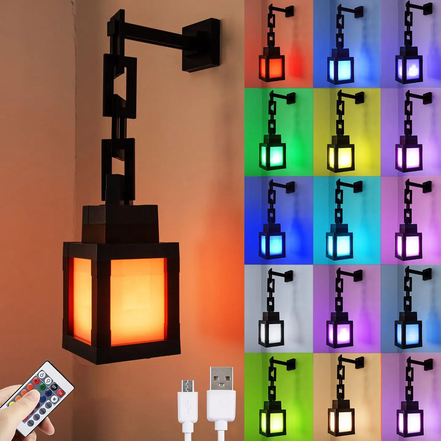 

Pixelated Lantern Night Light, 16-Color LED Mood Light with Remote Control, Rechargeable Table & Wall Night Lamp