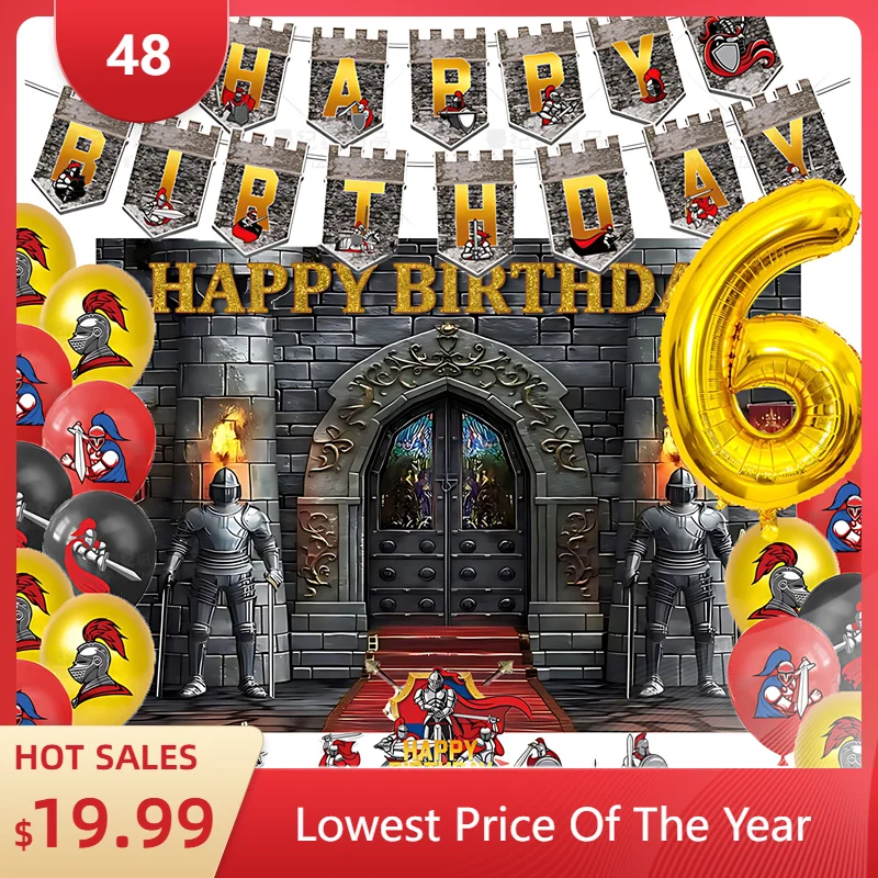 

Medieval Castle Armored Knight Birthday Party Balloon Banner Background Cake Topper Baby Shower Decor Supplies Gift Photo Props