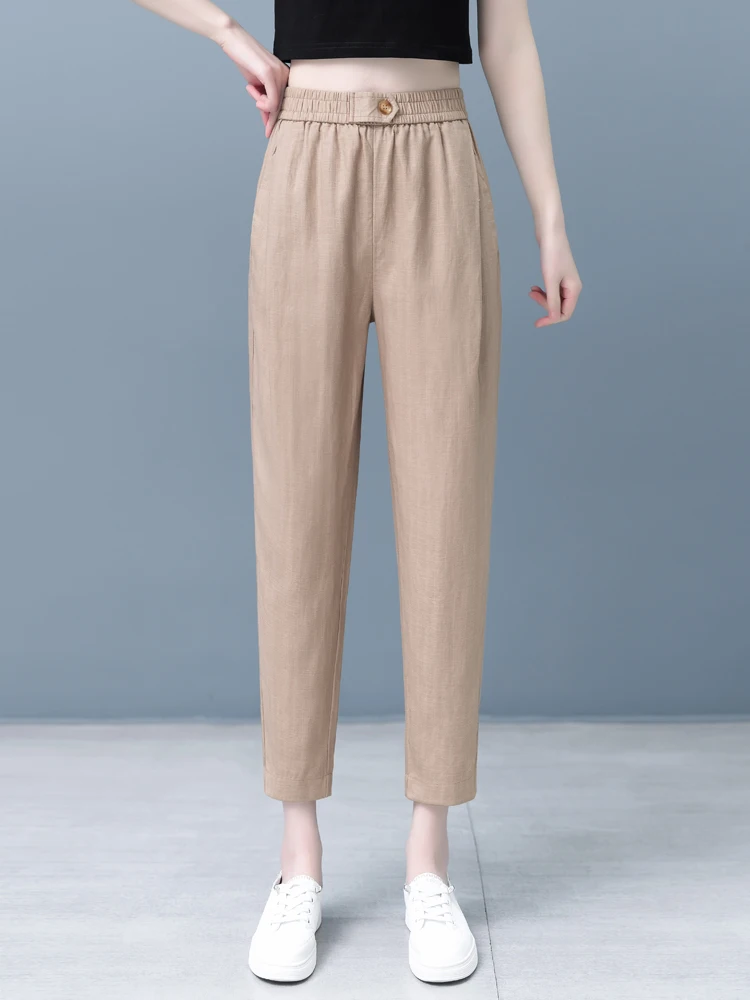 

Женские летние тонкие повседневные брюки из конопляного лиоцелла с высокой талией, свободного кроя, укороченные (7/8), в стиле Харлан