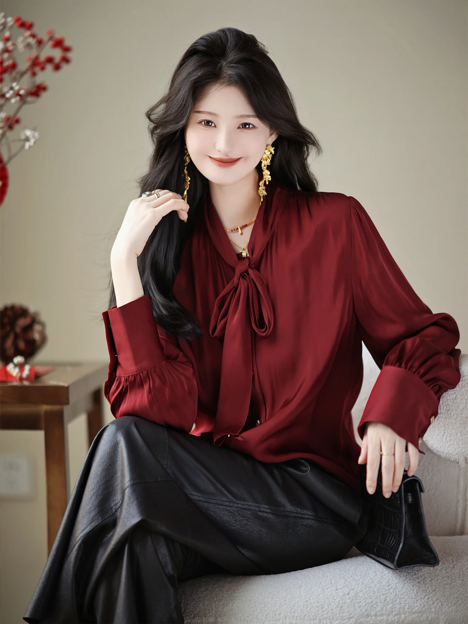 

Zhaoda Xi Silk irt Red Dot Luy New Year Long Sve Women's Busin Casual Faion Ele Simple Sle Commute Wind