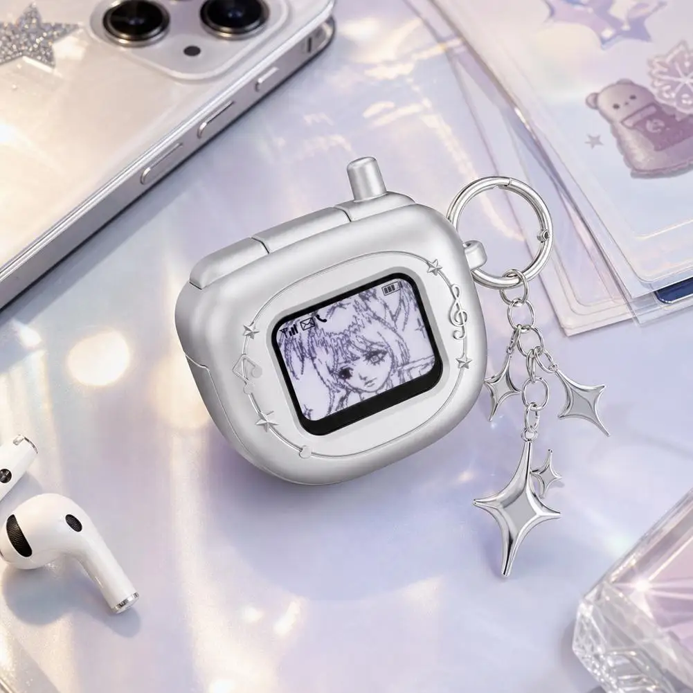 For AirPods Case Retro Flip Phone Matte Silver Y2K Chic Earbuds Cover With Pendant Keychain Headphone Accessories