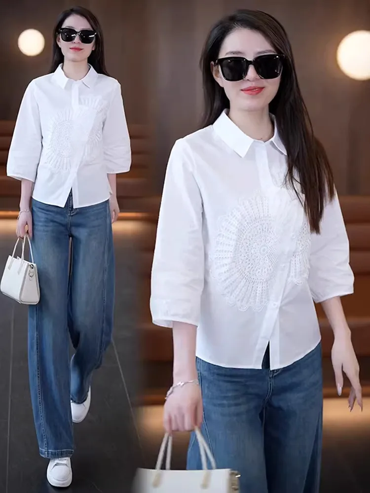 

Модная женская рубашка с коротким рукавом и вышивкой, свободного кроя, летняя, новый дизайн, повседневный стиль, удобный топ, модный стиль