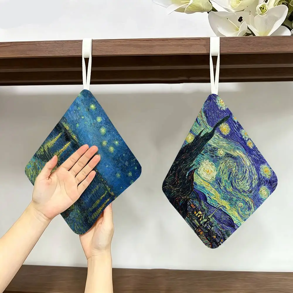 Van Gogh Art Starry Night Sunflower Reusable Hanging Kitchen Towel, Polyester Cotton Soft Fabric for Office Home Daily Life