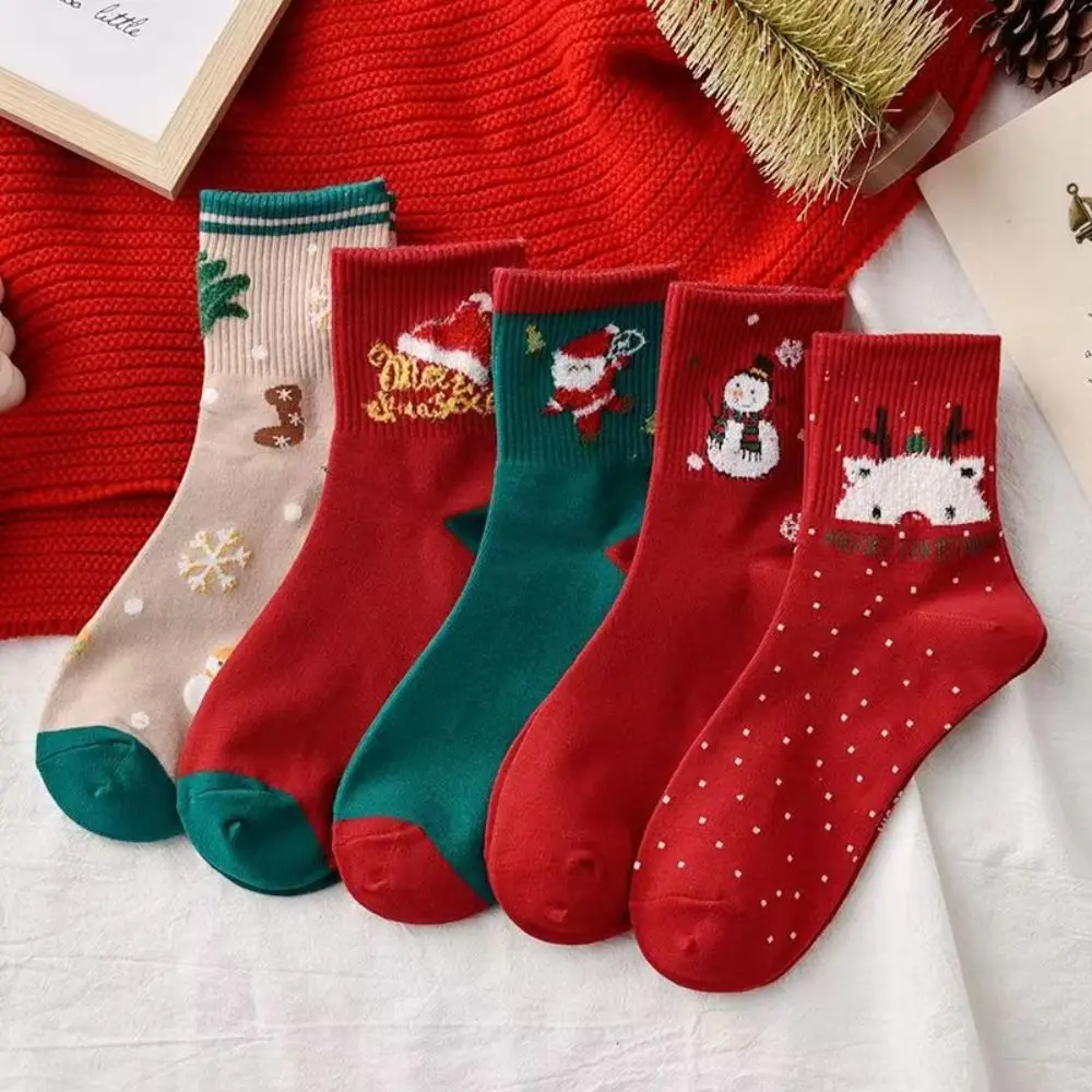 5Pairs Comfortable Cartoon Christmas Socks Snowman Patchwork Cotton Socks Women Festive Hosiery Santa Claus Tube Sock Winter
