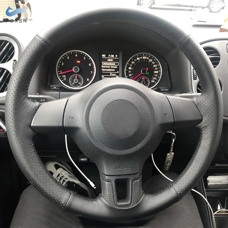 Für VW Golf 6 MK6 2009–2012, Jetta Polo Tiguan Touran Caddy Bora 2011–2015, schwarzes perforiertes Leder, Auto-Lenkrad-Abdeckungsverkleidung