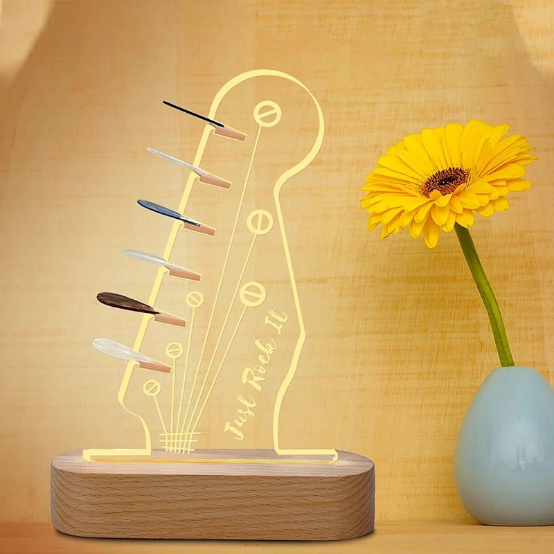 Estuche para púas de guitarra, soporte iluminado para almacenamiento de púas de guitarra, soporte para púas acrílicas de madera, estante de exhibición para púas de guitarra, accesorios para guitarra