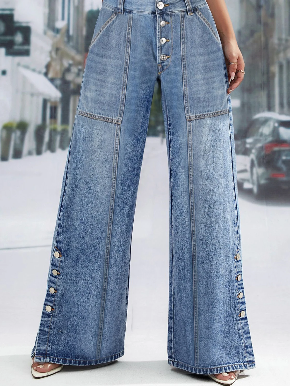 Jean taille haute à jambes larges pour femmes, pantalon long amincissant, pantalon droit, bouton, mode