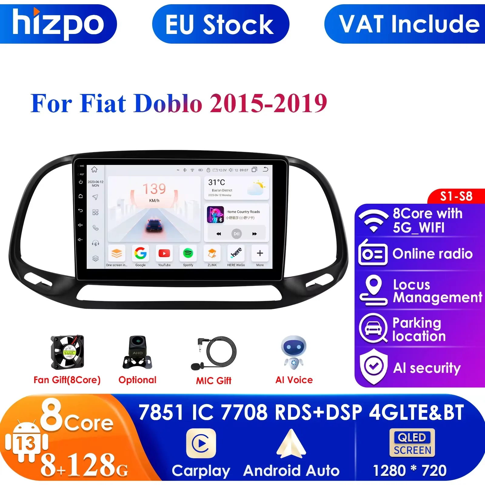 9''  7862 CarPlay 4G 2Din Android for Fiat Doblo 2015-2019 Car Radio Multimedia Player Autoradio Stereo AI Intelligent PC